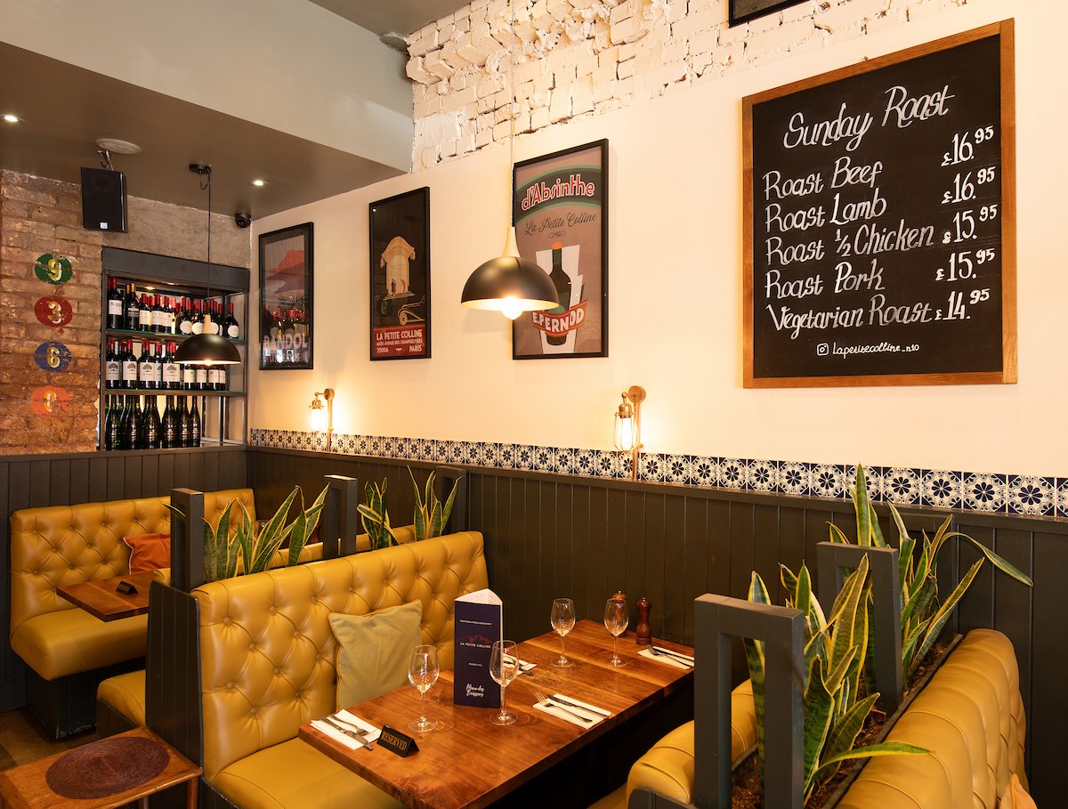 Velvet booth seating at La Petite Colline, Muswell Hill